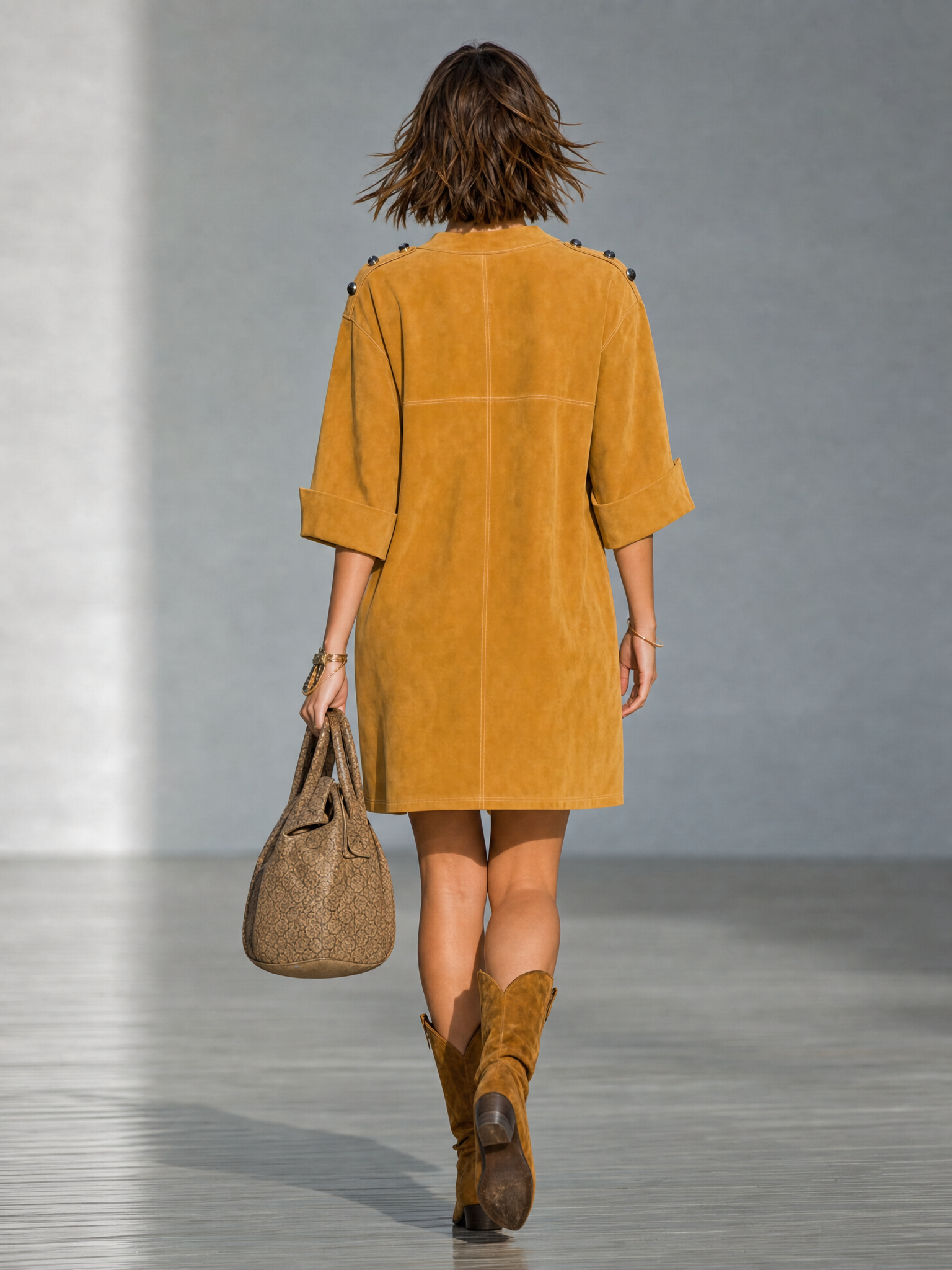 Women's Vintage-Style Faux Suede Mini Dress With Shoulder Buckle Detail And Mid-Length Sleeves MDZ1940H9WY