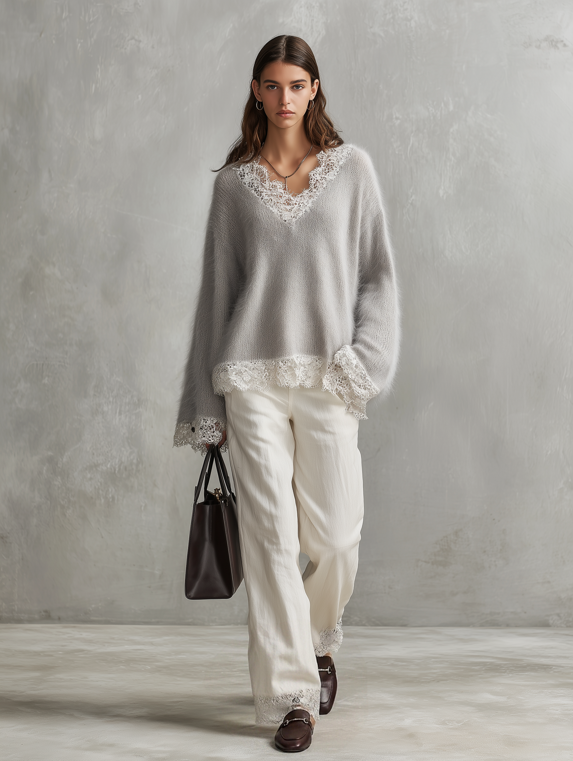 Women's Casual Grey Mohair-Blend V-Neck Long-Sleeve Sweater And White Woven Trousers Two-Piece Set MDZ2017H5LXY