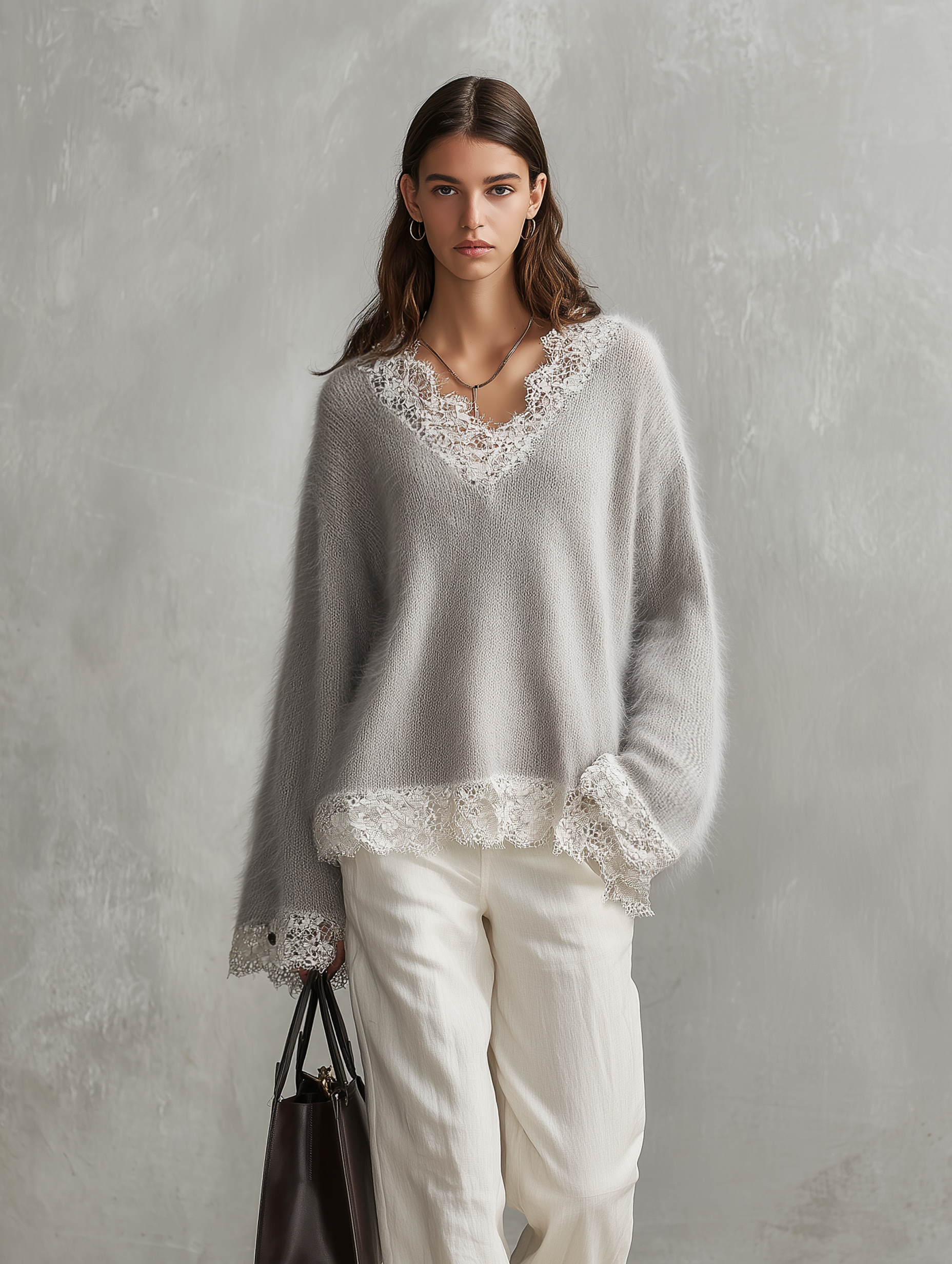 Women's Casual Grey Mohair-Blend V-Neck Long-Sleeve Sweater And White Woven Trousers Two-Piece Set MDZ2017H5LXY