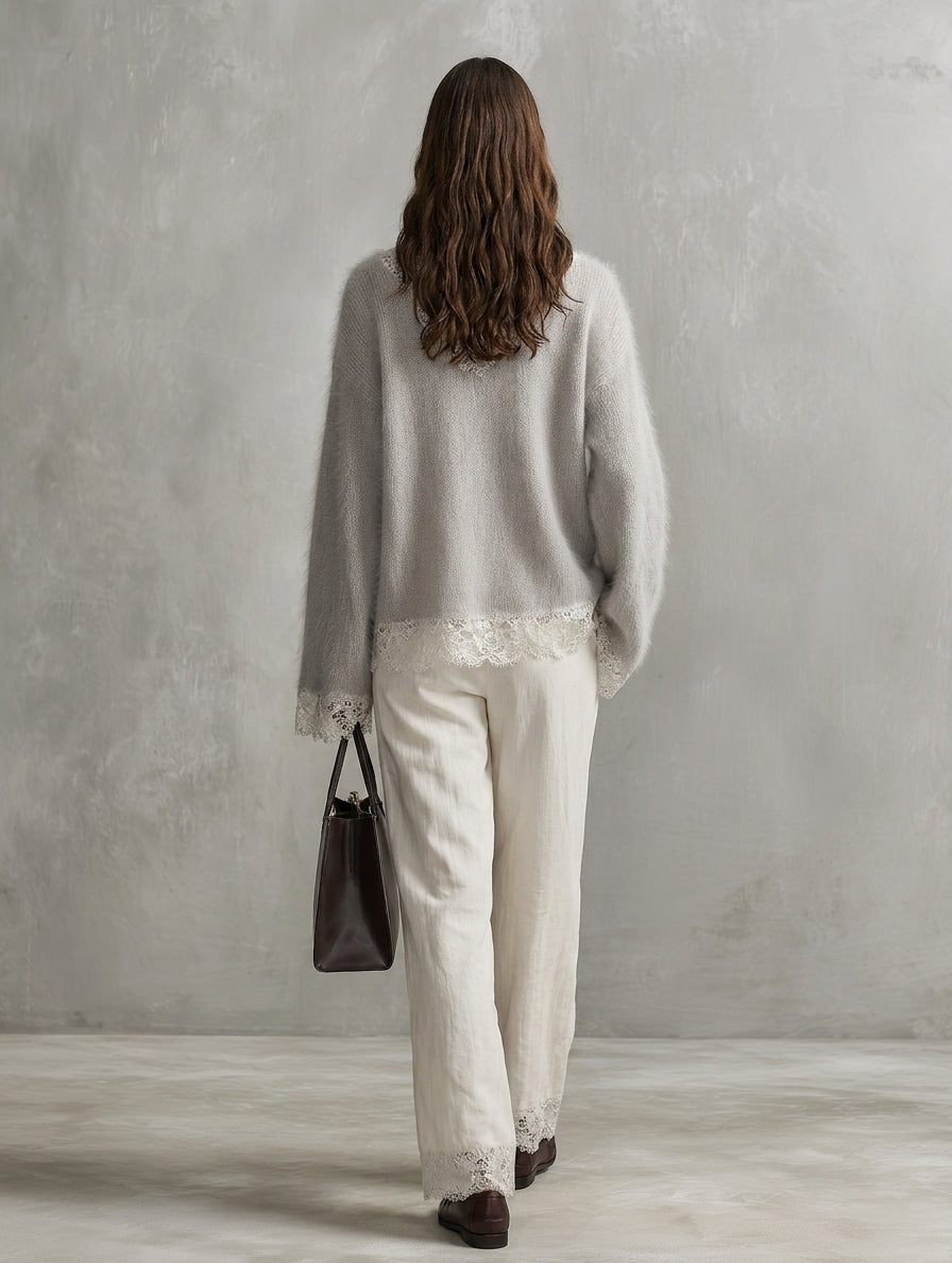 Women's Casual Grey Mohair-Blend V-Neck Long-Sleeve Sweater And White Woven Trousers Two-Piece Set MDZ2017H5LXY