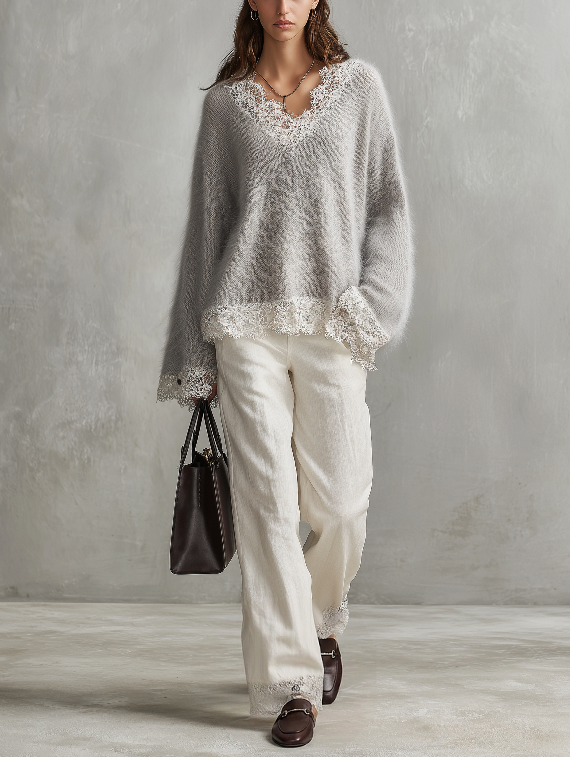 Women's Casual Grey Mohair-Blend V-Neck Long-Sleeve Sweater And White Woven Trousers Two-Piece Set MDZ2017H5LXY