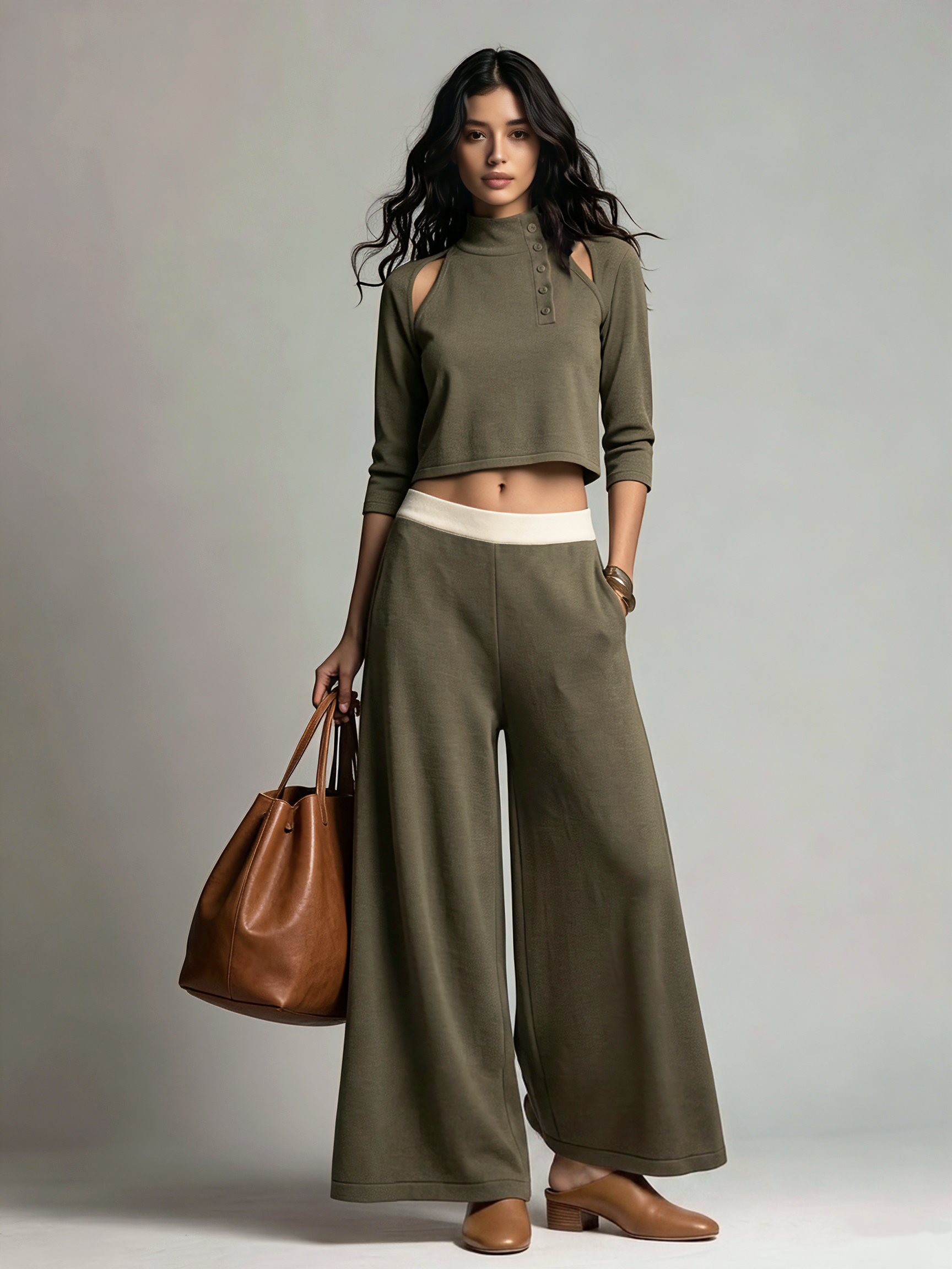 Women's Casual Dark Green Stretch Knit Cut-out Long-sleeve Top And Trousers Two-piece Set MDZ2006H4LXY