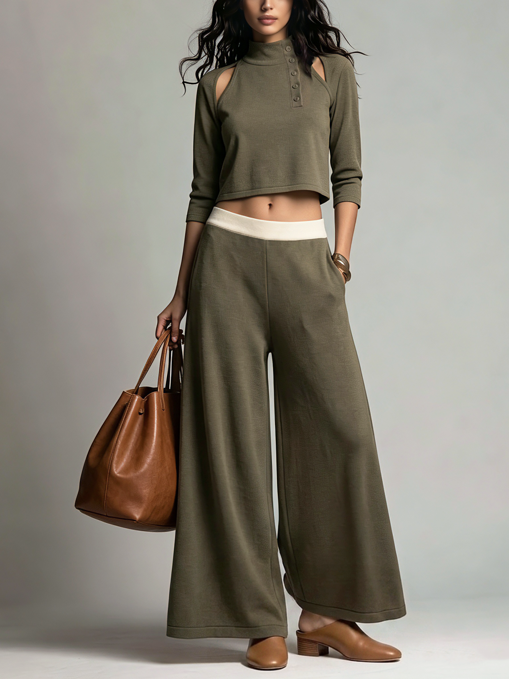 Women's Casual Dark Green Stretch Knit Cut-out Long-sleeve Top And Trousers Two-piece Set MDZ2006H4LXY