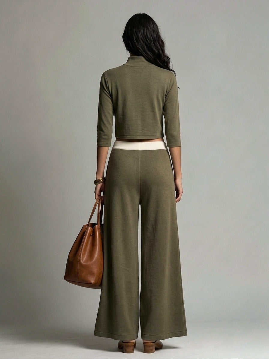 Women's Casual Dark Green Stretch Knit Cut-out Long-sleeve Top And Trousers Two-piece Set MDZ2006H4LXY