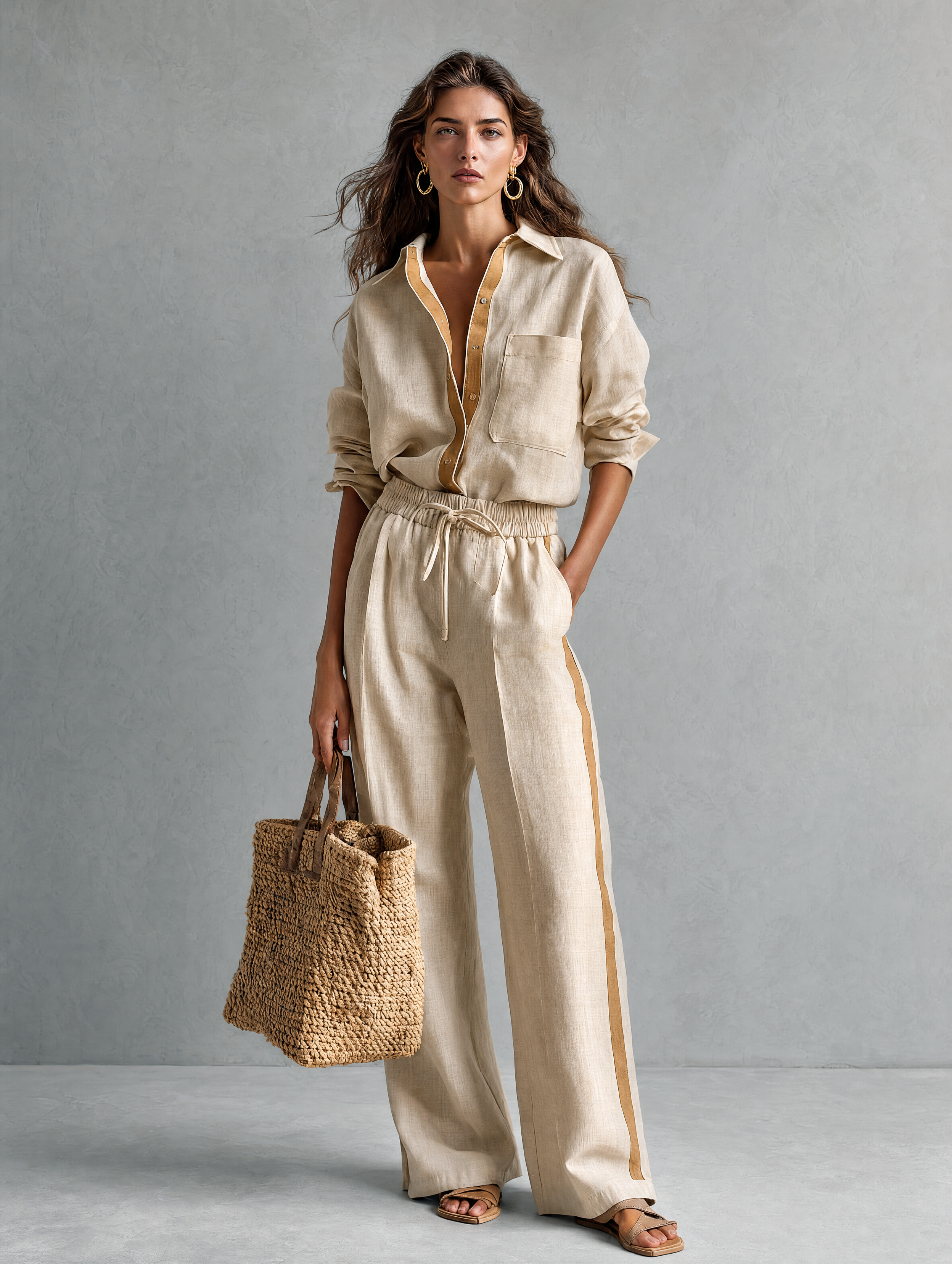 Women's Casual Khaki Cotton-Linen Shirt And Trousers Two-Piece Set MDZ2001H5LXY
