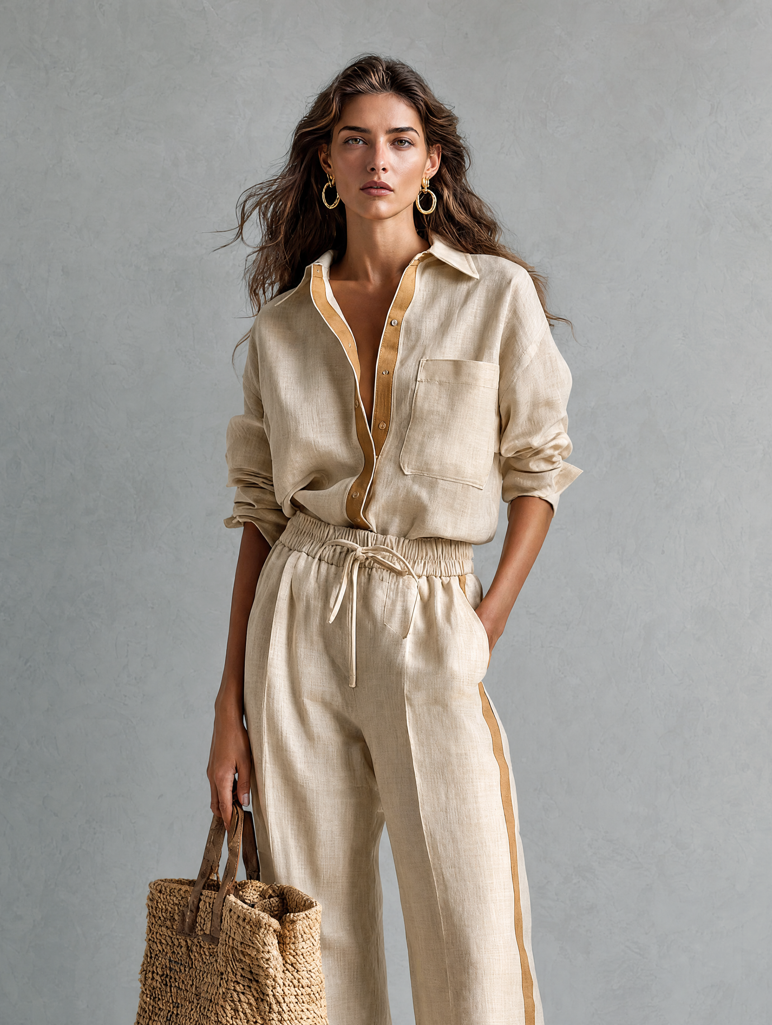 Women's Casual Khaki Cotton-Linen Shirt And Trousers Two-Piece Set MDZ2001H5LXY
