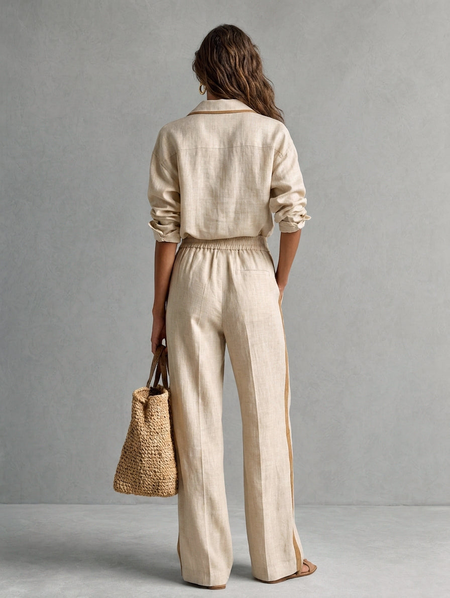 Women's Casual Khaki Cotton-Linen Shirt And Trousers Two-Piece Set MDZ2001H5LXY