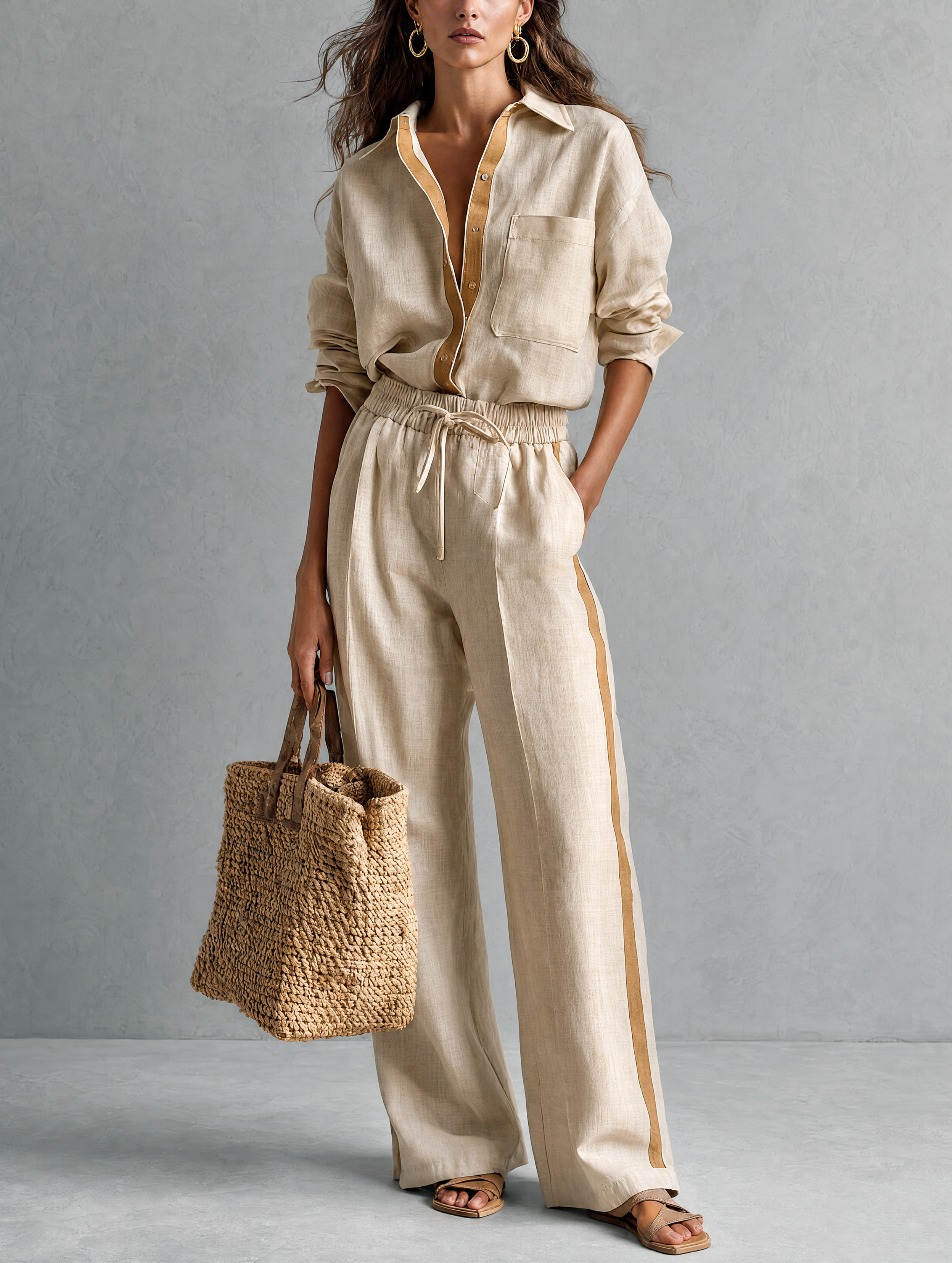 Women's Casual Khaki Cotton-Linen Shirt And Trousers Two-Piece Set MDZ2001H5LXY