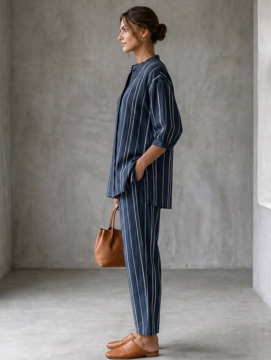Women's Casual Blue And White Striped Cotton-Linen Shirt And Pants Two-Piece Set MDZ1931H5LXY