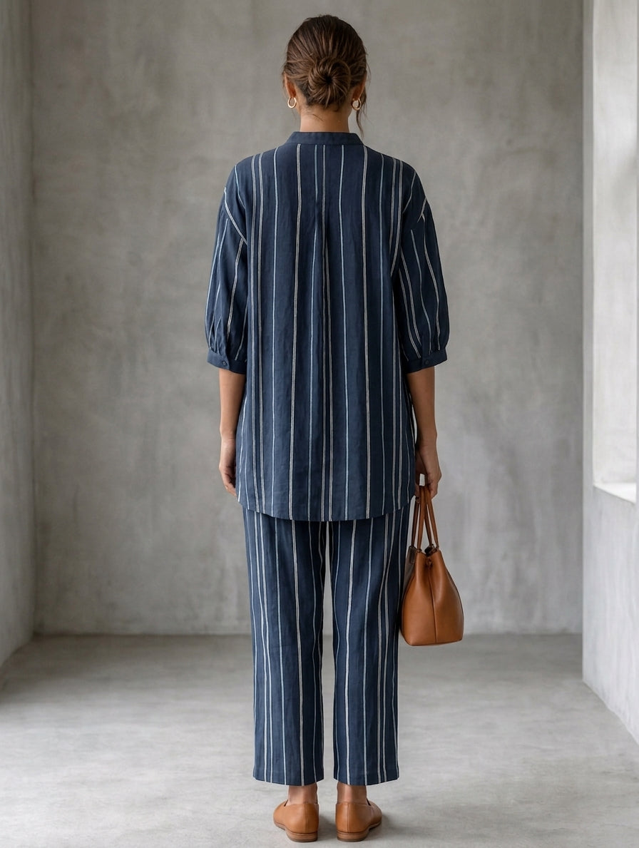 Women's Casual Blue And White Striped Cotton-Linen Shirt And Pants Two-Piece Set MDZ1931H5LXY