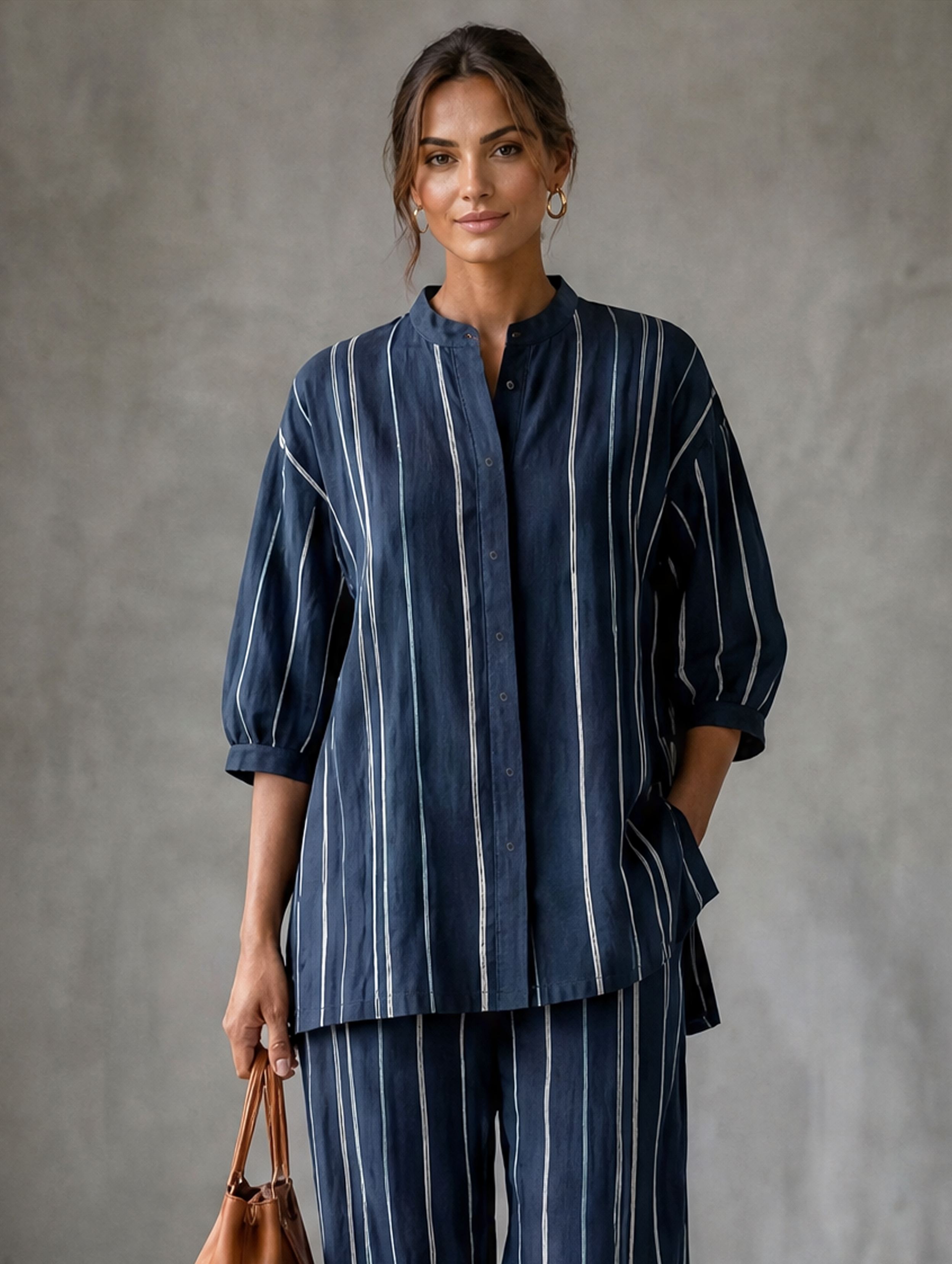 Women's Casual Blue And White Striped Cotton-Linen Shirt And Pants Two-Piece Set MDZ1931H5LXY