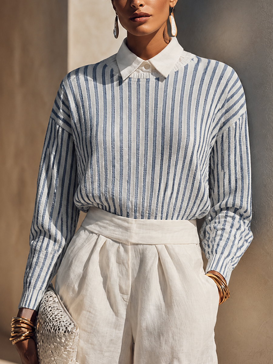 Women's Striped Casual Knit Shirt Collar Long Sleeve Top MDZ2013H8GMJ