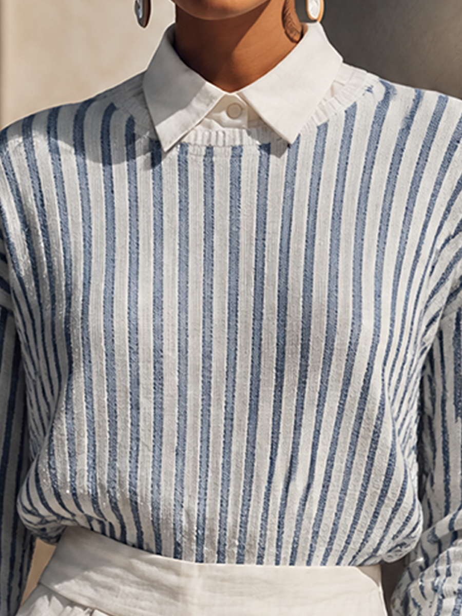 Women's Striped Casual Knit Shirt Collar Long Sleeve Top MDZ2013H8GMJ