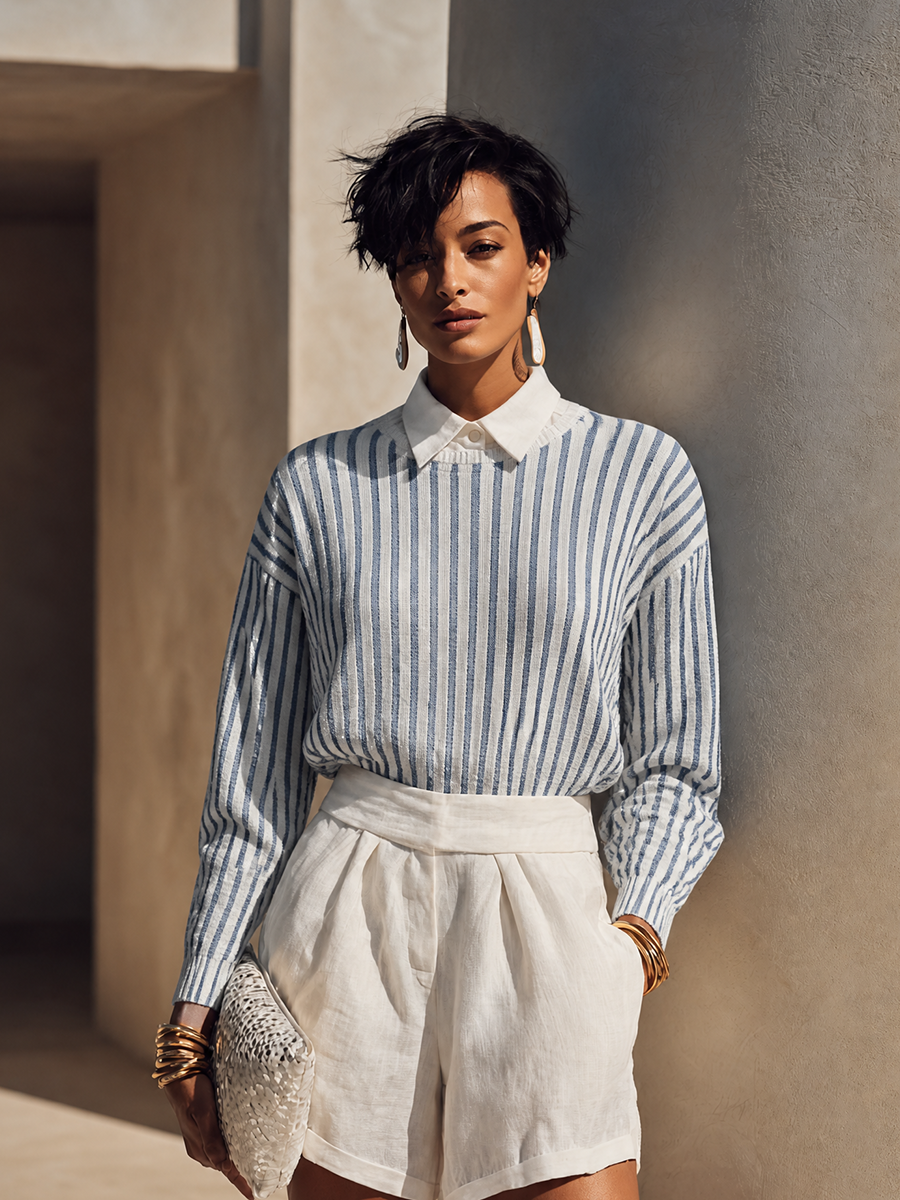 Women's Striped Casual Knit Shirt Collar Long Sleeve Top MDZ2013H8GMJ