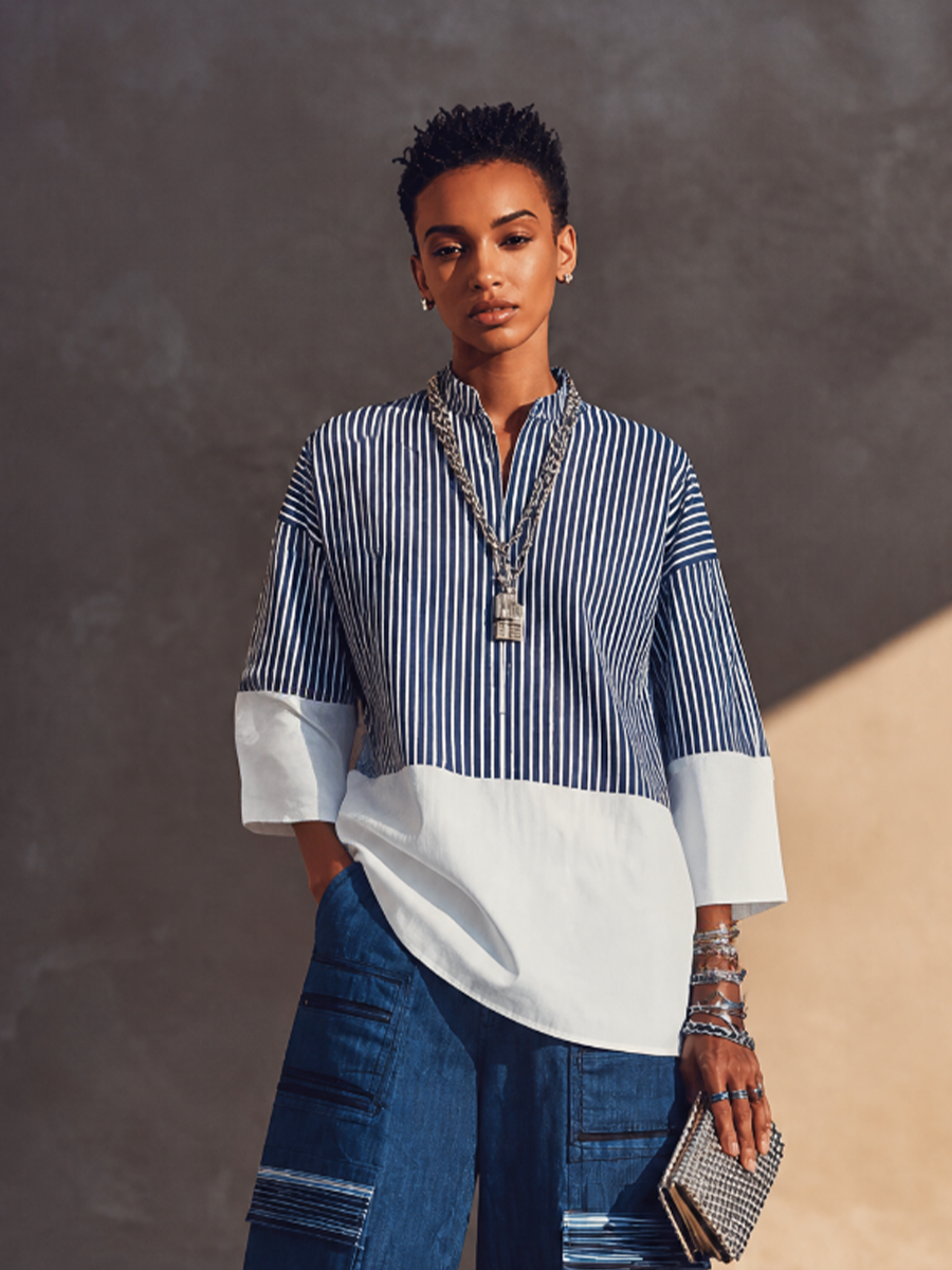 Women's Colorblock Casual Striped Three-Quarter Sleeve Top MDZ2052H5GMJ