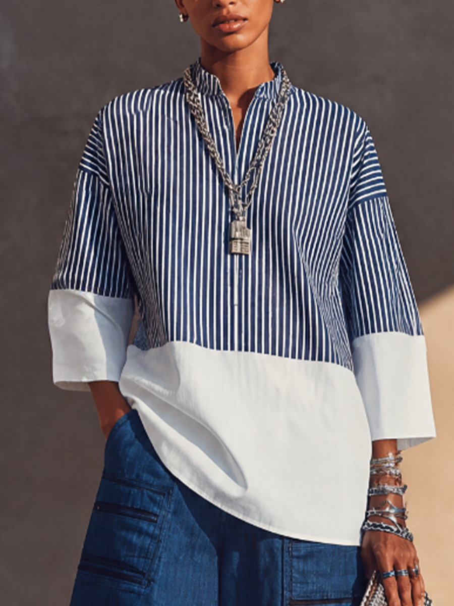 Women's Colorblock Casual Striped Three-Quarter Sleeve Top MDZ2052H5GMJ