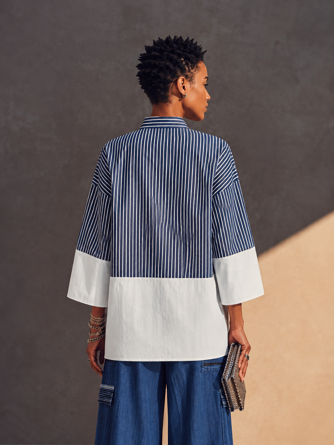 Women's Colorblock Casual Striped Three-Quarter Sleeve Top MDZ2052H5GMJ