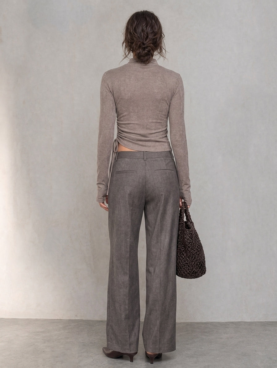 Women's Casual Grey Stretch-Knit Top And Dark Grey Woven Trousers 2-Piece Set MDZ1936H4LXY