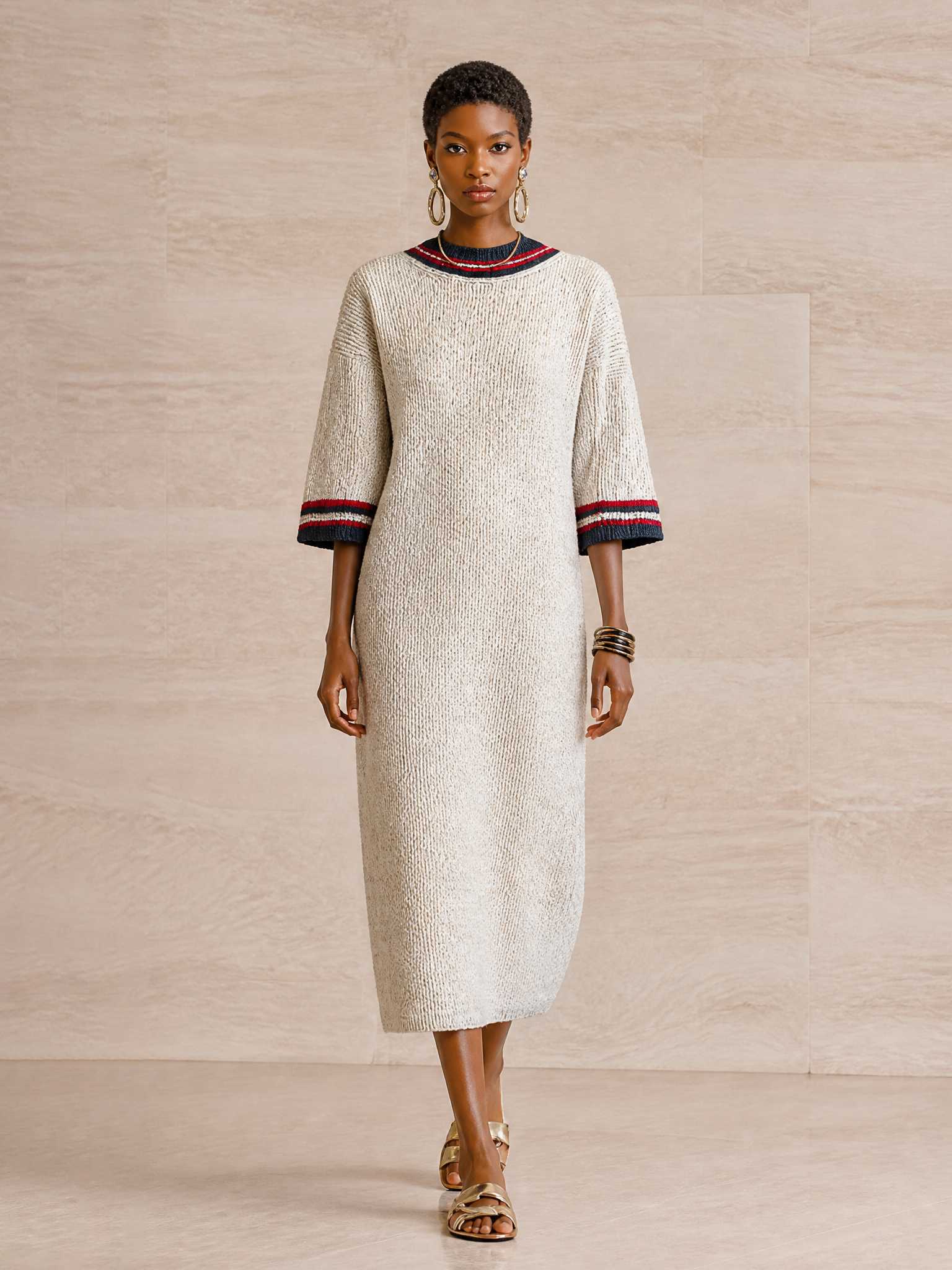 Women's Striped Trim Elegant Knit Midi Dress MDZ1937H3GMJ