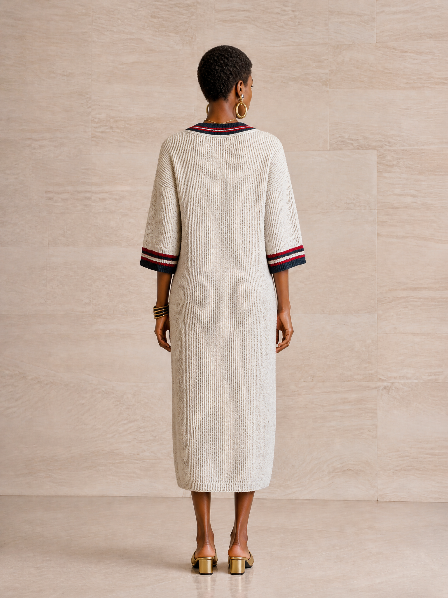 Women's Striped Trim Elegant Knit Midi Dress MDZ1937H3GMJ
