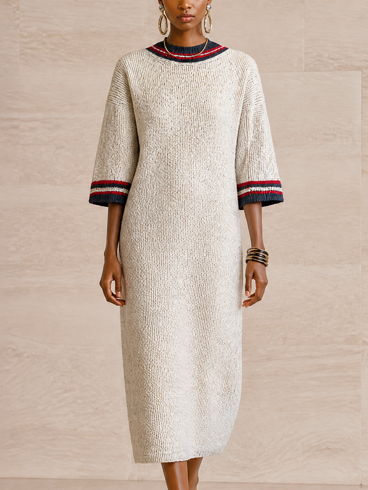 Women's Striped Trim Elegant Knit Midi Dress MDZ1937H3GMJ