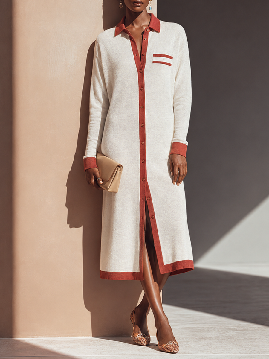 Women's Contrast Collared Elegant Knit Midi Shirt Dress MDZ2083H3GMJ