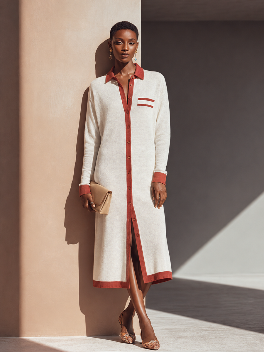 Women's Contrast Collared Elegant Knit Midi Shirt Dress MDZ2083H3GMJ