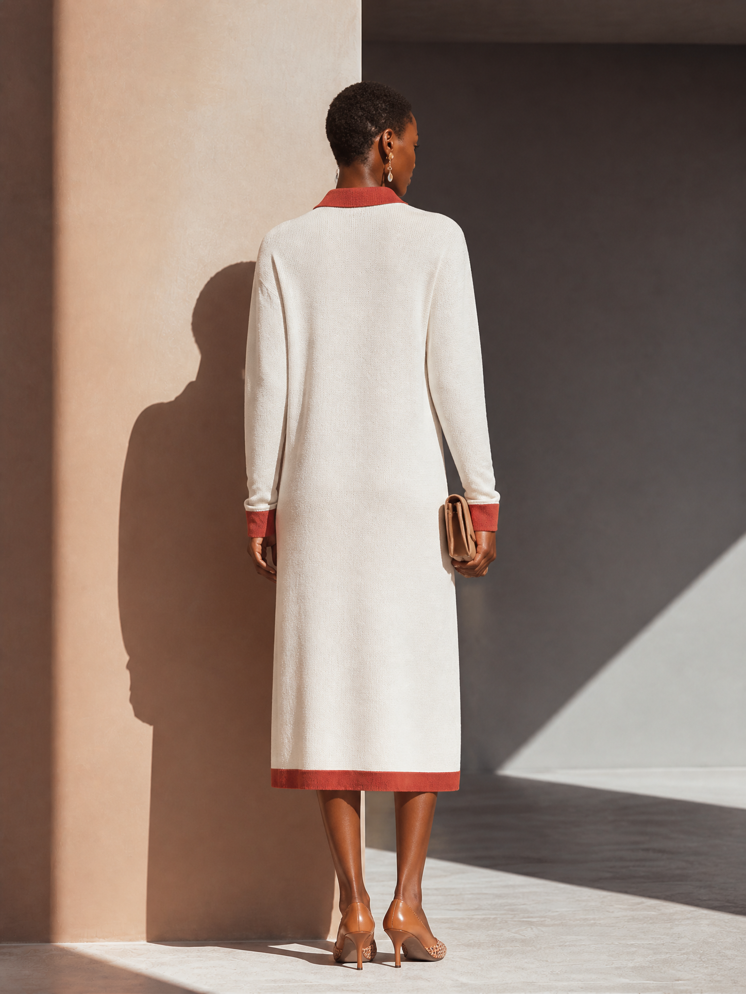 Women's Contrast Collared Elegant Knit Midi Shirt Dress MDZ2083H3GMJ