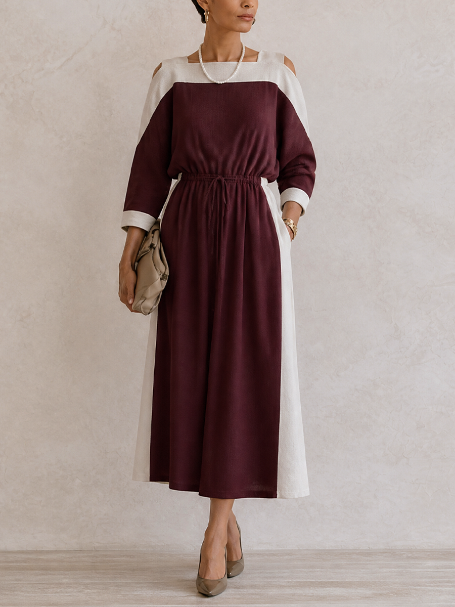 Women's Colorblock Drawstring Waisted Elegant Maxi Dress MDZ2059H5GMJ