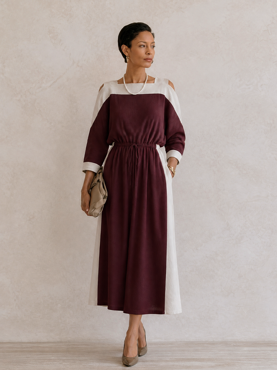 Women's Colorblock Drawstring Waisted Elegant Maxi Dress MDZ2059H5GMJ