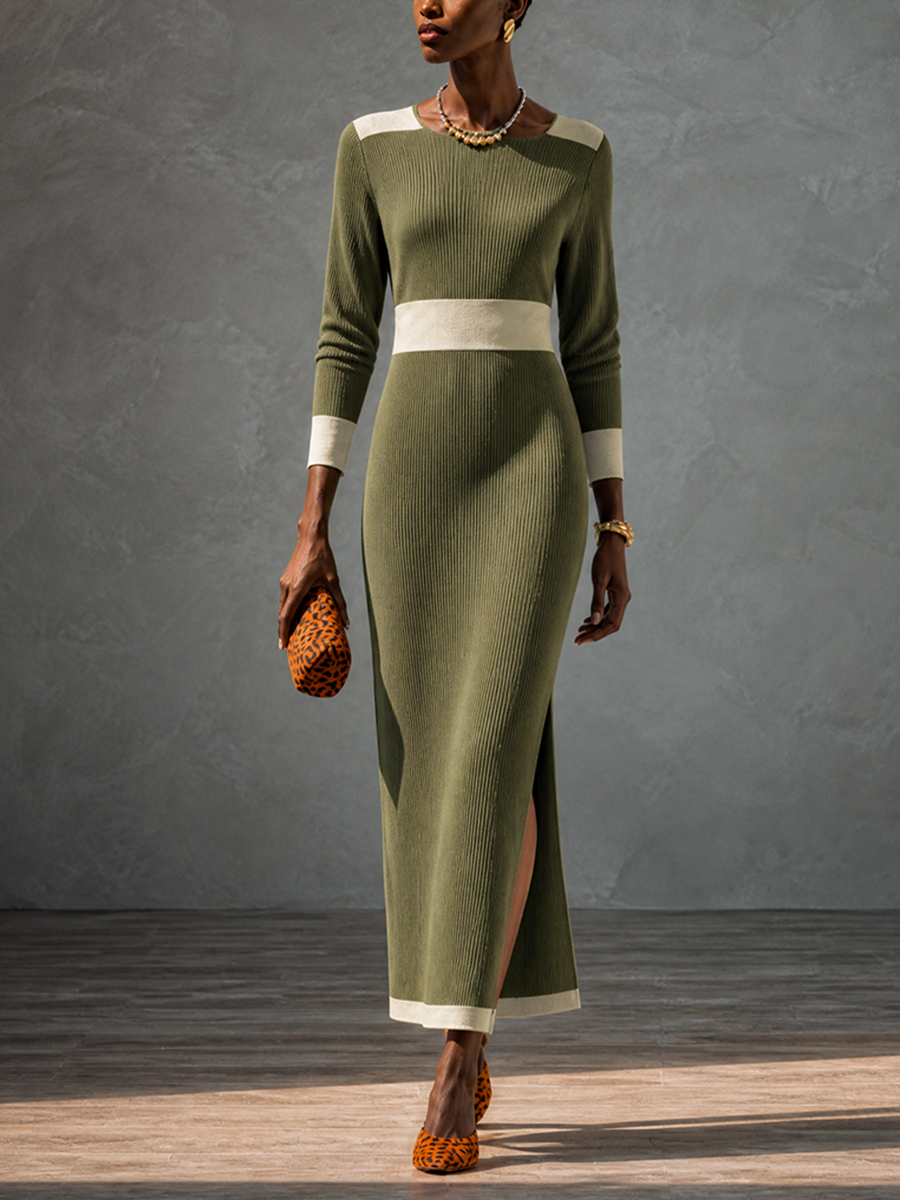 Women's Colorblock Waisted Elegant Knit Maxi Dress MDZ2042H6GMJ