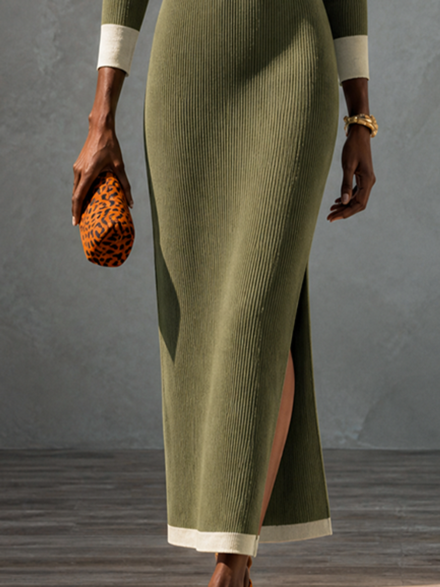Women's Colorblock Waisted Elegant Knit Maxi Dress MDZ2042H6GMJ