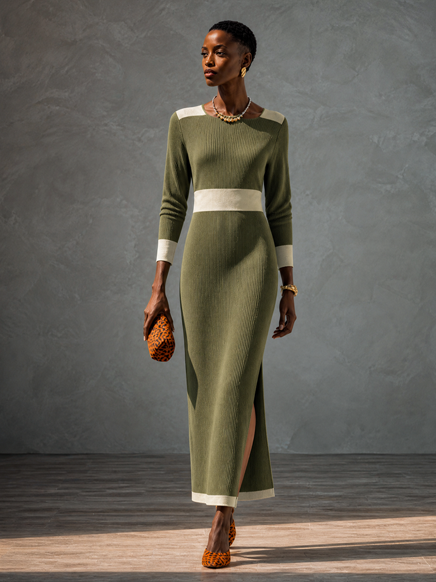 Women's Colorblock Waisted Elegant Knit Maxi Dress MDZ2042H6GMJ