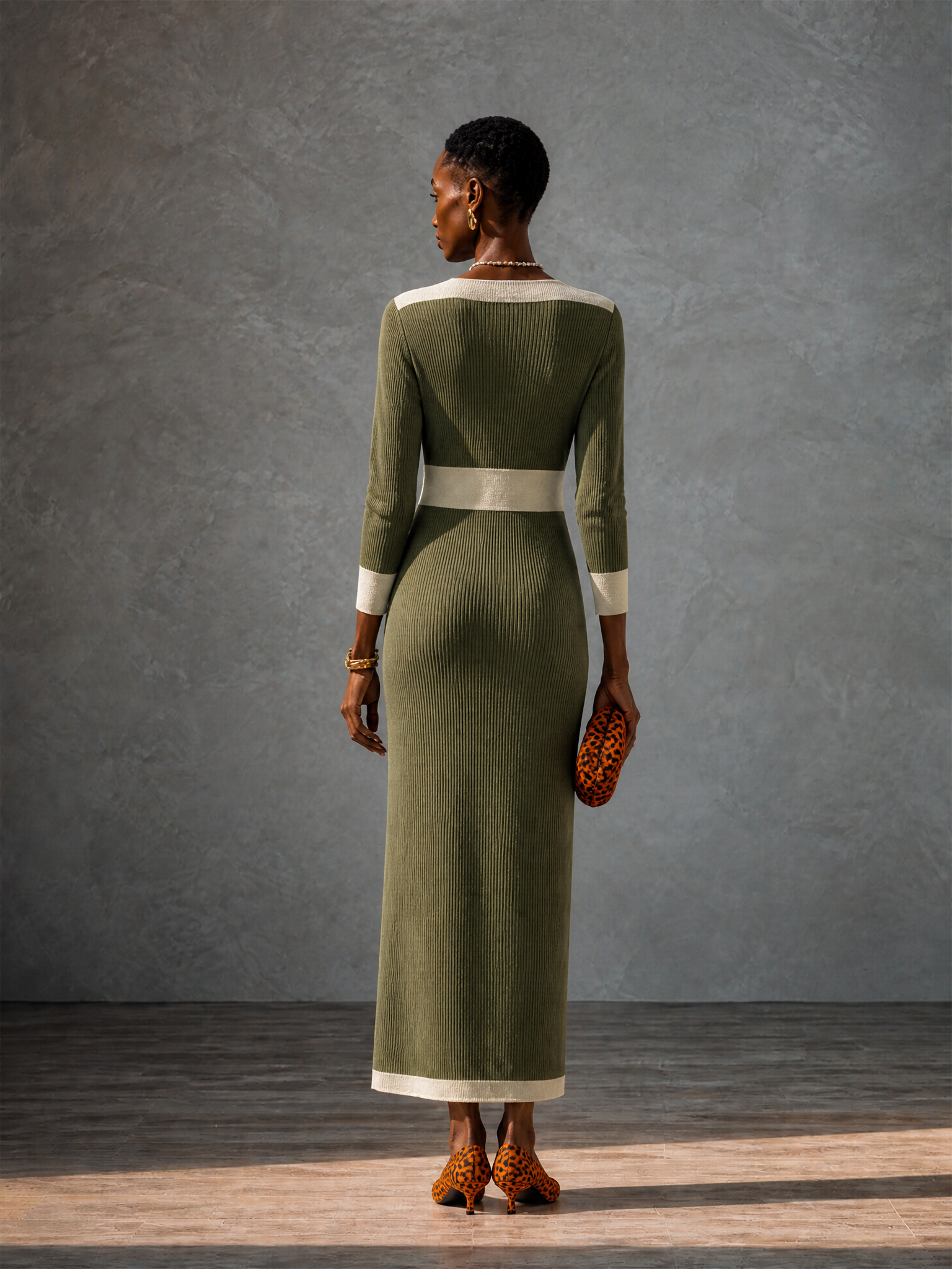 Women's Colorblock Waisted Elegant Knit Maxi Dress MDZ2042H6GMJ