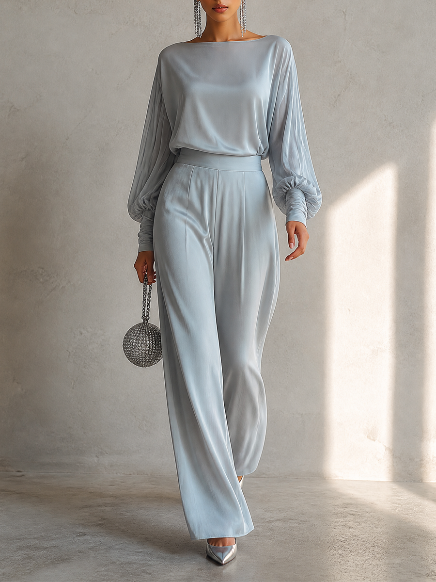 Women's Elegant Boat-Neck Dropped-Shoulder Blouson-Sleeve Top & High-Waisted Wide-Leg Trouser Set MDZ2158H7CMX