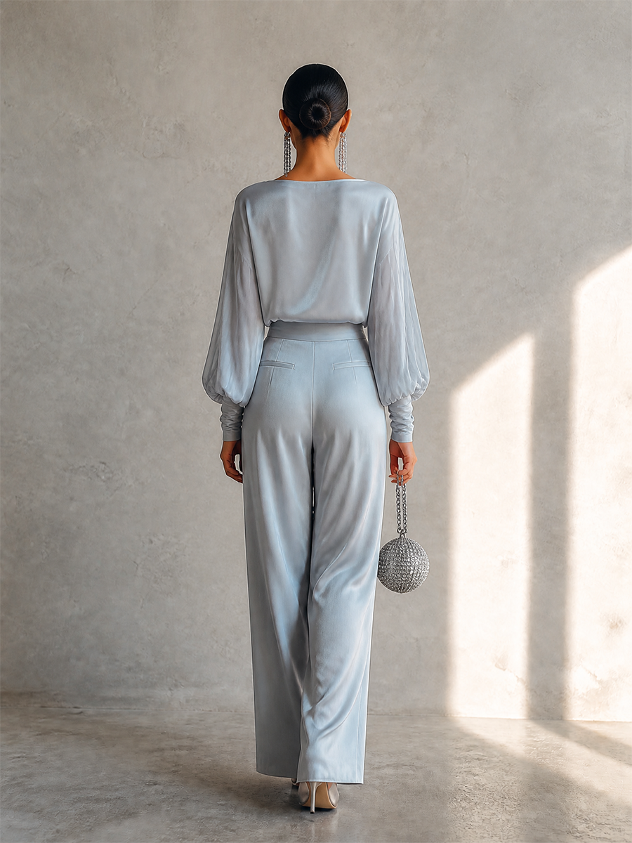 Women's Elegant Boat-Neck Dropped-Shoulder Blouson-Sleeve Top & High-Waisted Wide-Leg Trouser Set MDZ2158H7CMX
