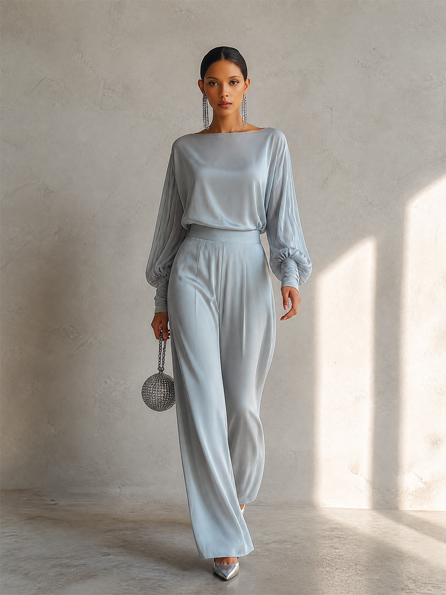 Women's Elegant Boat-Neck Dropped-Shoulder Blouson-Sleeve Top & High-Waisted Wide-Leg Trouser Set MDZ2158H7CMX