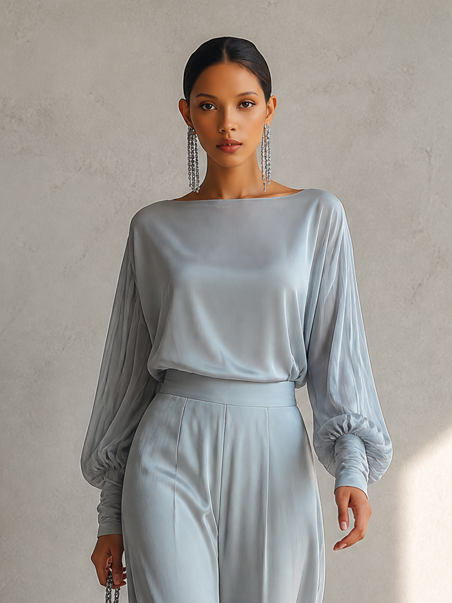 Women's Elegant Boat-Neck Dropped-Shoulder Blouson-Sleeve Top & High-Waisted Wide-Leg Trouser Set MDZ2158H7CMX