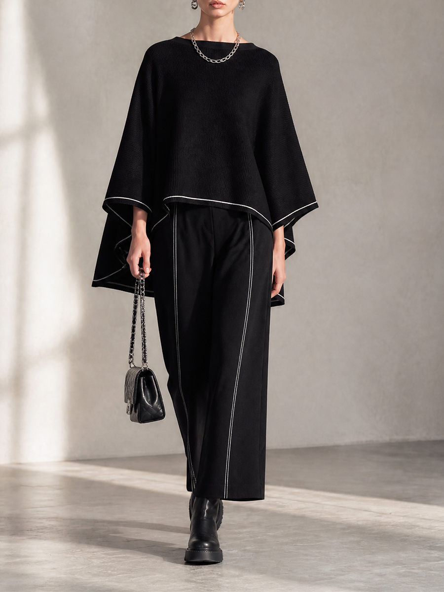 Women's Elegant Contrast-Piping Boat-Neck Cape-Sleeve Top & High-Waisted Wide-Leg Trouser Set MDZ2152H7CMX
