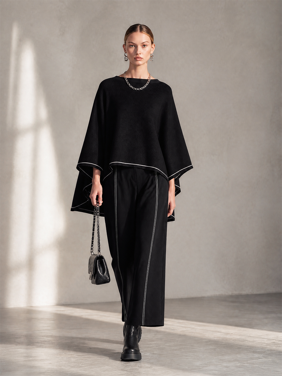 Women's Elegant Contrast-Piping Boat-Neck Cape-Sleeve Top & High-Waisted Wide-Leg Trouser Set MDZ2152H7CMX