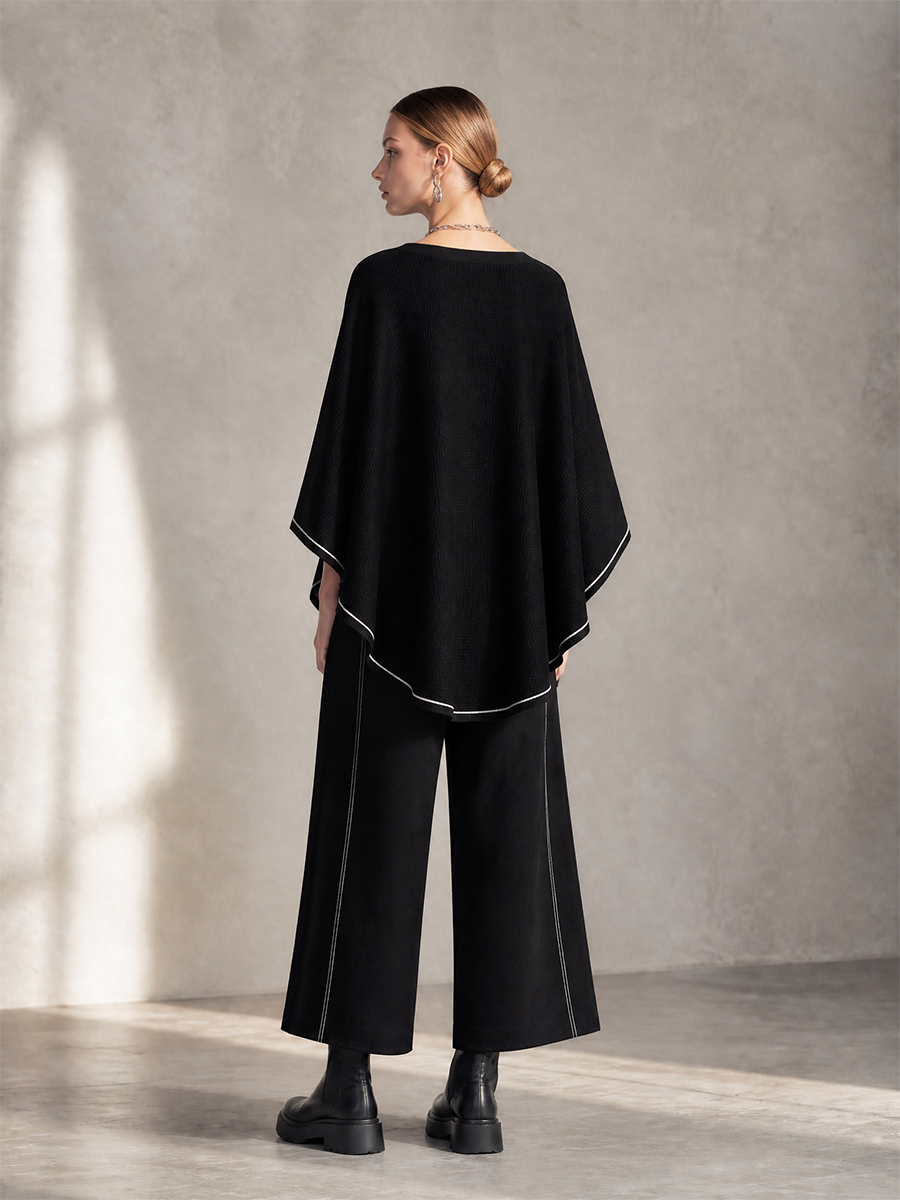 Women's Elegant Contrast-Piping Boat-Neck Cape-Sleeve Top & High-Waisted Wide-Leg Trouser Set MDZ2152H7CMX