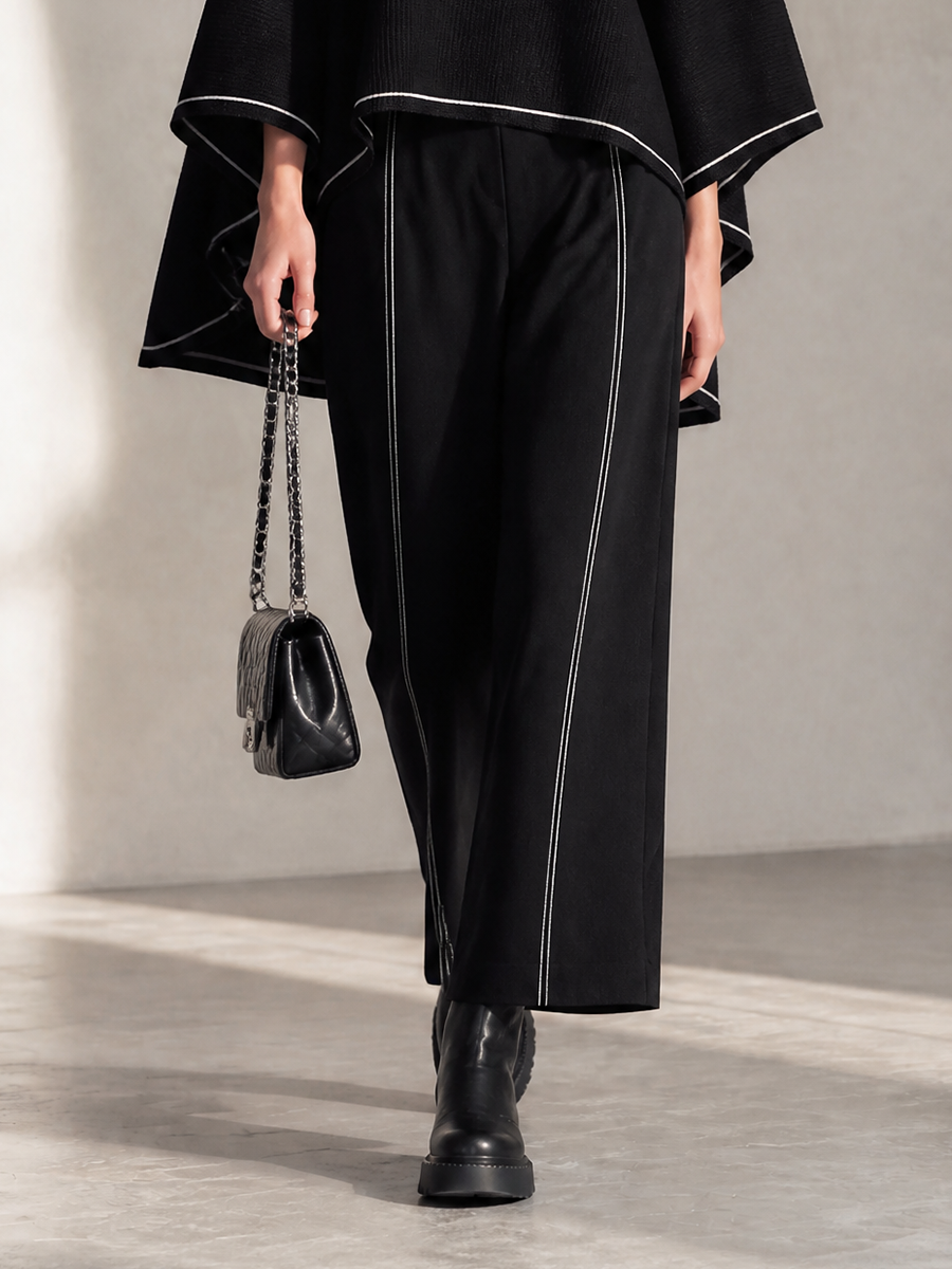 Women's Elegant Contrast-Piping Boat-Neck Cape-Sleeve Top & High-Waisted Wide-Leg Trouser Set MDZ2152H7CMX