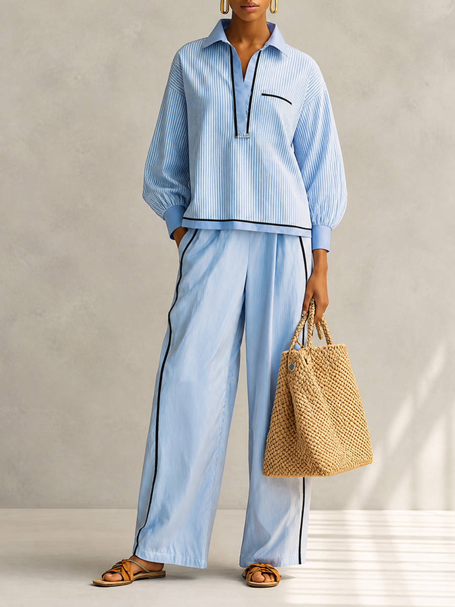 Women's Casual Cotton Pinstripe Collared Dropped-Shoulder Long-Sleeve Top & Black-Trim Wide-Leg Trouser Set MDZ2191H3CMX