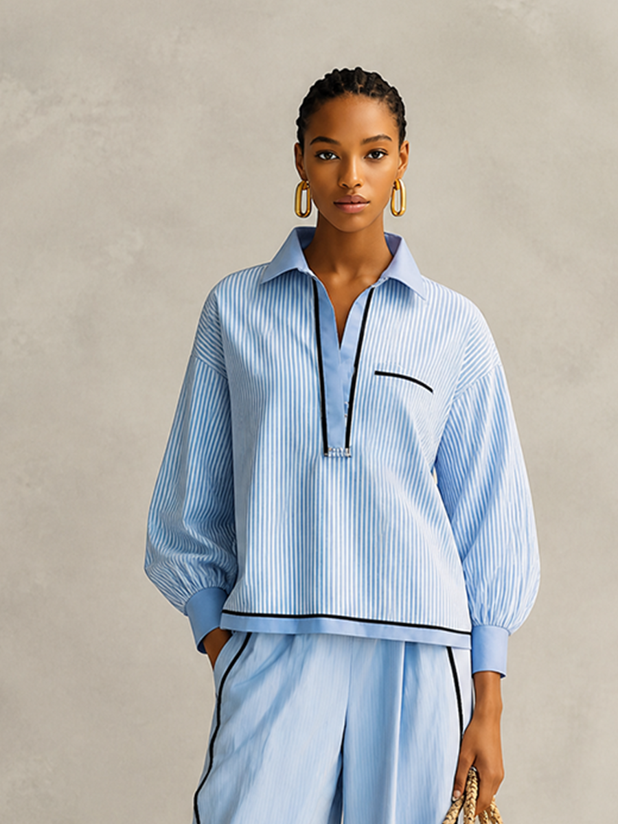 Women's Casual Cotton Pinstripe Collared Dropped-Shoulder Long-Sleeve Top & Black-Trim Wide-Leg Trouser Set MDZ2191H3CMX