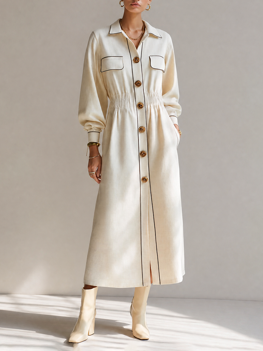 Women's Black-Trim Collared Button-Front Long-Sleeve Belted Shirt Midi Dress MDZ2176H2CMX