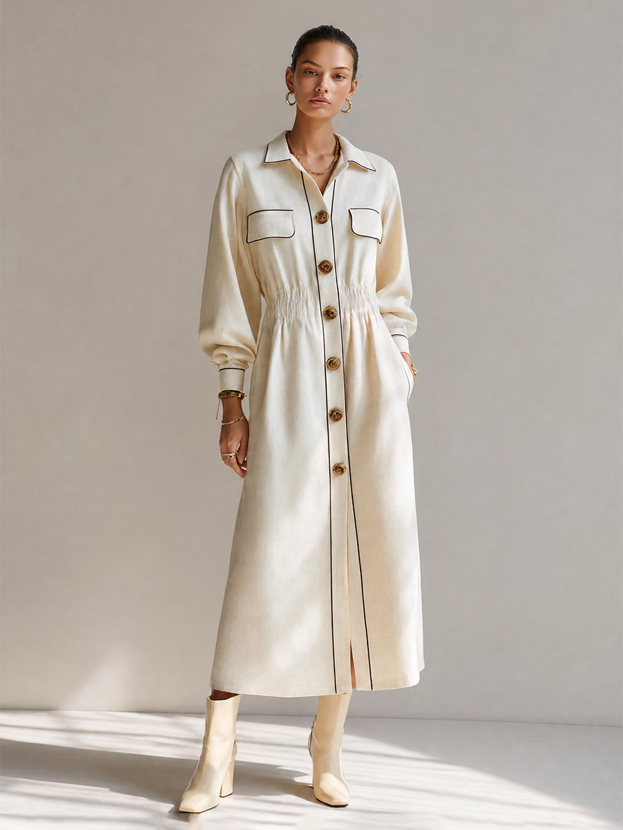 Women's Black-Trim Collared Button-Front Long-Sleeve Belted Shirt Midi Dress MDZ2176H2CMX
