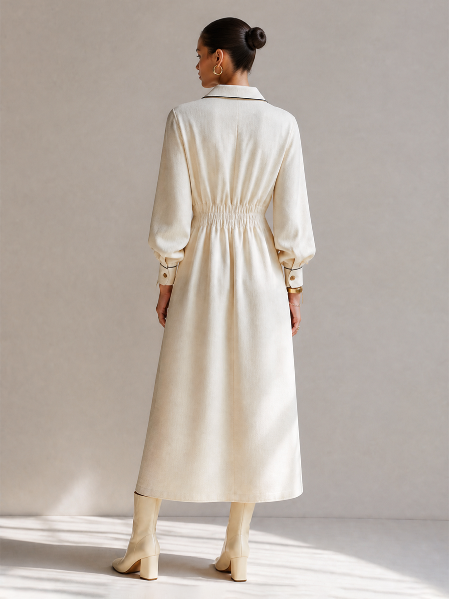 Women's Black-Trim Collared Button-Front Long-Sleeve Belted Shirt Midi Dress MDZ2176H2CMX