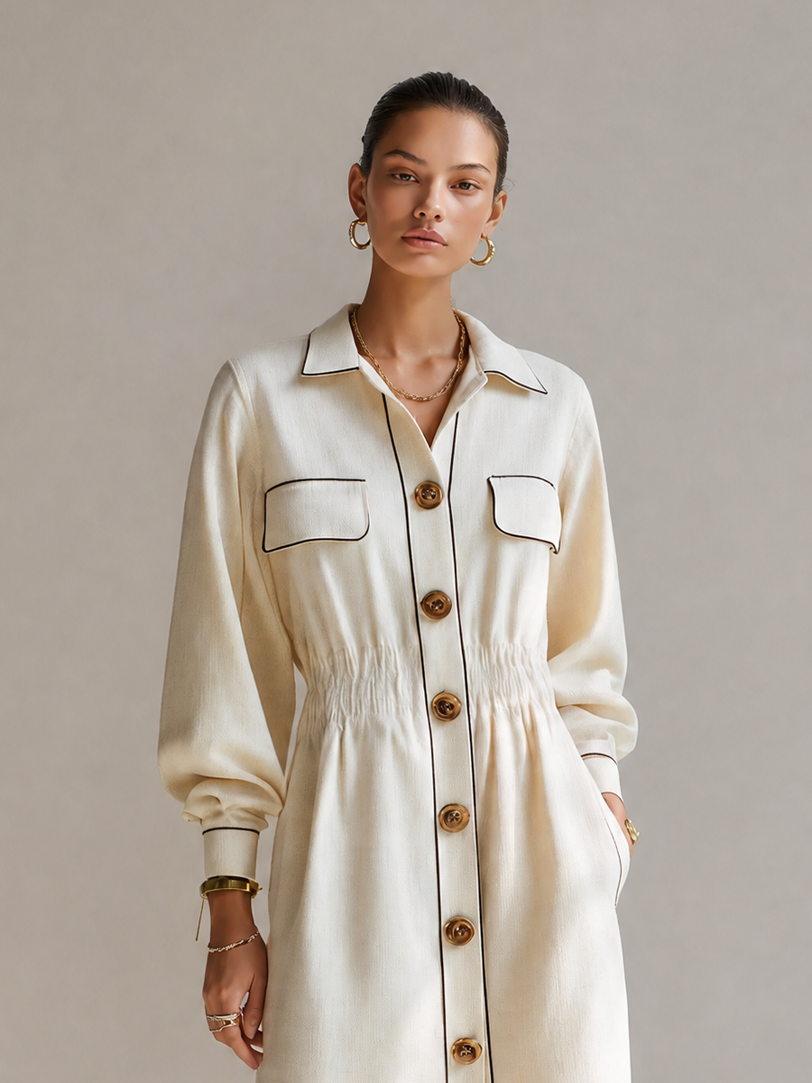 Women's Black-Trim Collared Button-Front Long-Sleeve Belted Shirt Midi Dress MDZ2176H2CMX