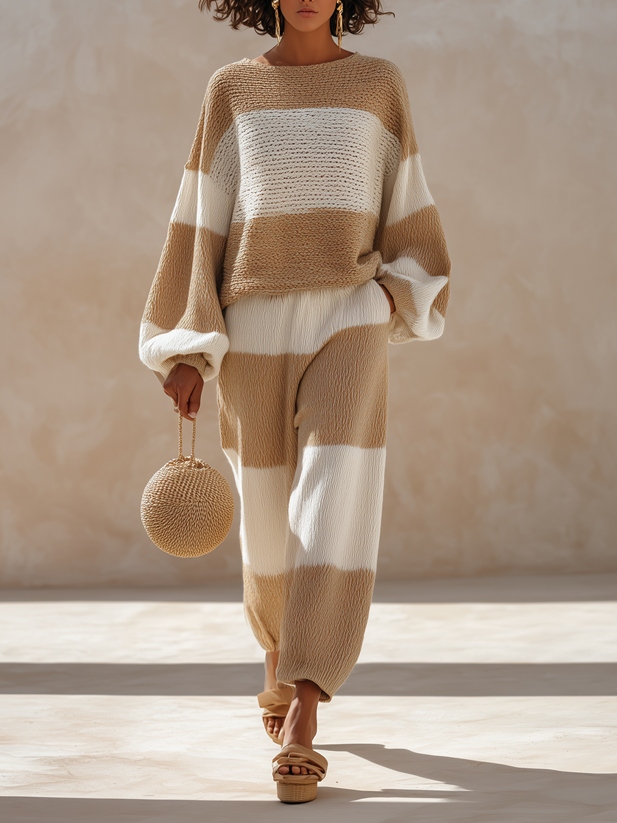 Women's Casual Wool-Knit Contrast-Stripe Round-Neck Dropped-Shoulder Blouson-Sleeve Sweater & Cuffed Wide-Leg Trouser Set MDZ1855H8CMX