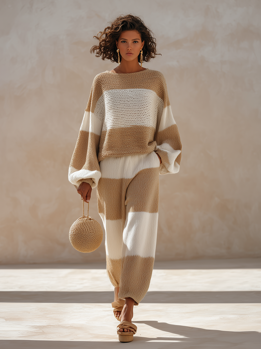 Women's Casual Wool-Knit Contrast-Stripe Round-Neck Dropped-Shoulder Blouson-Sleeve Sweater & Cuffed Wide-Leg Trouser Set MDZ1855H8CMX